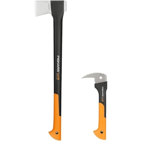 Fiskars Axt-Set, Spaltaxt mit Klingen- und Transportschutz, Länge: 60 cm, Antihaftbeschichtet, X17-M, 1,53 kg,; Hand-Sappie, Länge: 34 cm, Inklusive Schutzhülle, WoodXpert, XA2, 1025438