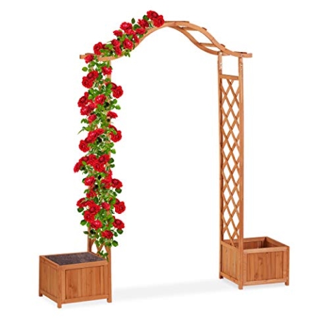 Relaxdays Holz-Rosenbogen, dekorativer Gartenbogen, 2 Pflanzkübel, wetterfestes Rankgitter, 209 x 181 x 60 cm, orange