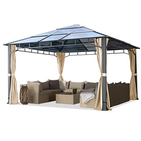 TOOLPORT Gartenpavillon 4x4 m Polycarbonat Dach ca. 8mm Pavillon 4 Seitenteile Partyzelt Champagner ca. 9x9cm Profil