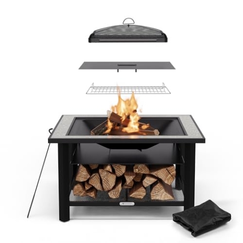 Blumfeldt Merano Avanzato Feuerschale - 3-in-1 Feuerschale Mit Grillrost & Tisch, Robuster Stahlrahmen, Terrazzo-Tischplatte, Inkl. Funkenschutz, Hitzeschild & Schürhaken, Für Garten & Terrasse