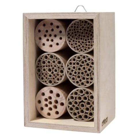 dobar® 28540e Profi-Wildbienenhotel - Bienenhaus aus Holz - Massive Nisthilfe mit Papierröhrchen - Insektenhotel für Maskenbiene/Mauerbiene/Seidenbiene - 16 x 12,5 x 23 cm - Natur