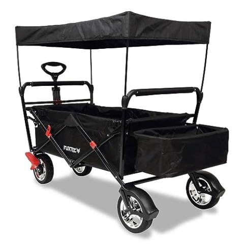 FUXTEC Bollerwagen faltbar FX-CT500 Schwarz mit Dach - Transportwagen klappbar | inkl. Hecktasche & verstellbarer Ziehstange | Feststellbremse | Vollprofilreifen | Handwagen/Leiterwagen – Das Original