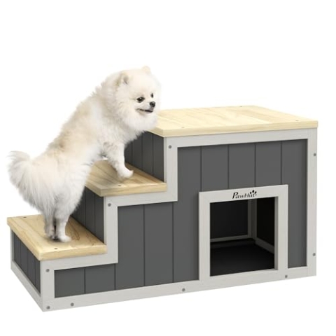 PawHut 2-in-1 Hundetreppe, Katzentreppe mit Höhle, Haustiertreppe mit 3 Stufen, Haustierrampe aus Holz, Katenleiter bis 8 kg Belastbar, für Sofa, Bett, Natur, Grau