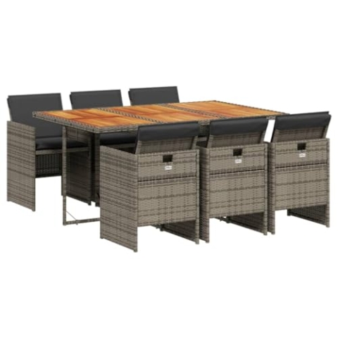 vidaXL Garten Essgruppe mit Kissen 7-TLG., Gartenmöbel Set Sitzgruppe, Essgarnitur Gartengarnitur, Terrasse Balkon Möbel Garnitur, Grau Poly Rattan