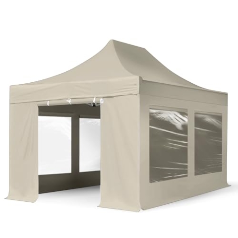 TOOLPORT Faltzelt Professional 3x4,5 m - mit 4 Seitenteilen (Panoramafenster) Faltpavillon ALU Pavillon Partyzelt Creme