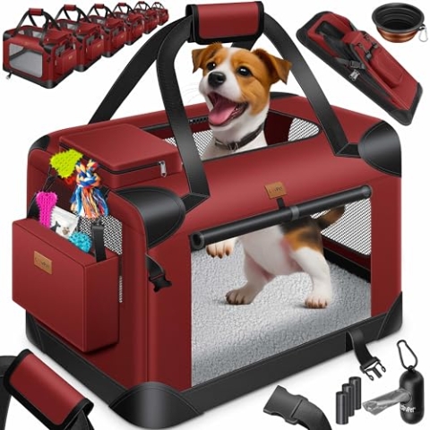 Lovpet® Transportbox Hund Katze Transporttasche XL 81,3x58,4x58,4cm | Hunde-Tragetasche Faltbare Katzentasche | Haustier-Transportbox inkl. Hundenapf & Schultergurt | für Katzen & Hunde Bordeaux/Rot