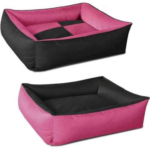 BedDog 2in1 Hundebett MAX Quattro, großes Hundekörbchen aus Cordura, waschbares Hundebett mit Rand, Hundesofa für drinnen, draußen, L, Candy, pink-schwarz
