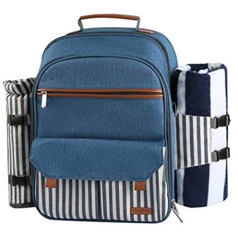 Sunflora Picknick Rucksack Set 4 Personen mit Isoliertem Kühlung und Decke, Picknickkorb 4 Personen für Camping Outdoor (Blau & Streifen)