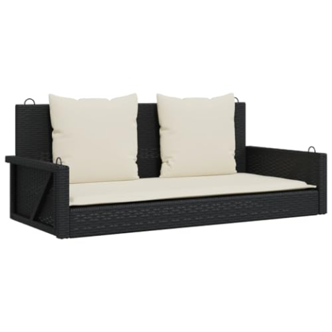 vidaXL Hängebank mit Kissen, Hängeschaukel mit Befestigungsringen, Schaukelbank für Außenbereich, Gartenschaukel, Modern, Schwarz Poly Rattan