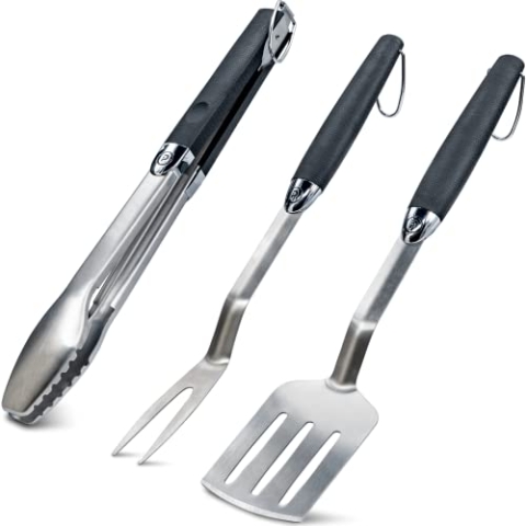 Grillbesteck Set dreiteilig 44 cm Grill Set mit Grillzange, Grillwender und Fleischgabel aus Edelstahl Grillset Grillzubehör rostfrei