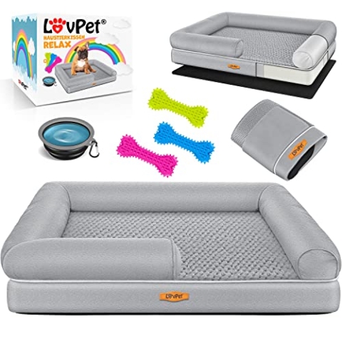 Lovpet® Orthopädisches Hundebett Hundekissen Hundekorb Relax, Inkl. Napf + 3X Kauknochen, Hundesofa für Kleine, Mittelgroße & Große Hunde, Bezug abnehmbar und waschbar, 106x80x22cm Grau