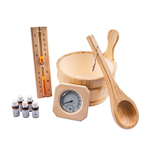 Home Deluxe - Saunazubehör 10 TLG. - Q Premo - inkl. Saunakübel, Saunakelle, Sanduhr, Thermo- & Hygrometer