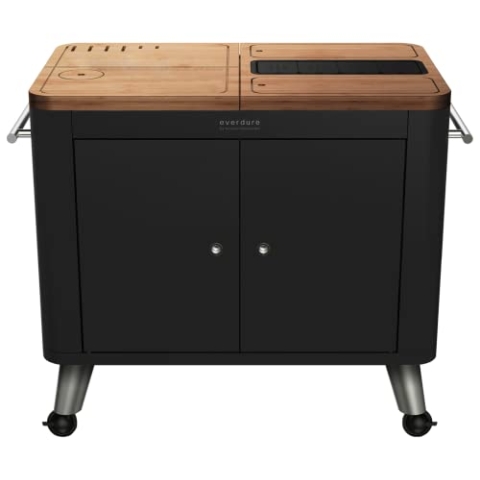 Everdure by Heston blumenthal Mobile Outdoor Küche in Schwarz I Outdoor Küchenzeile mit Transporträdern für Zubereitung beim Grillen I inkl. Arbeitsfläche, Aufbewahrungen und Abfalleimer