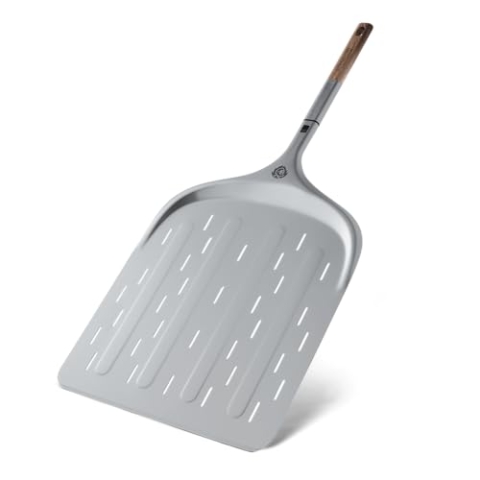 BURNHARD Pizzaschieber Pizza Peel, Aluminium-Schaufel mit Perforation & Akazienholz-Griff, inkl. Steckmechanismus, temperaturbeständig für Pizzaofen – 77,6 cm x 36,1 cm x 1,6 cm