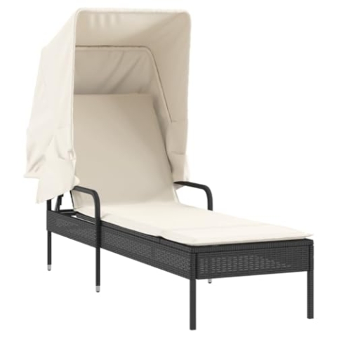 vidaXL Sonnenliege mit Dach, Gartenliege Verstellbare Rückenlehne, Sonnenbett für Außenbereich, Relaxliege Liege Gartenmöbel, Modern, Schwarz Poly Rattan