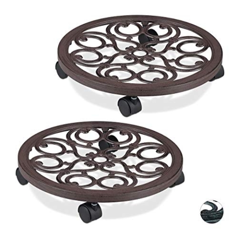 Relaxdays 2 x Pflanzenroller rund, Metall, Gefäßroller für innen & außen, antik, Ø 38 cm, Rolluntersetzer Blumentopf, braun