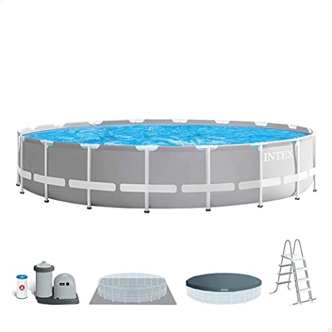 Intex 26756NP – Aufstellpool Prism Frame Rund, Filterpumpe 5678 L/h, Leiter, Bodenplane und Abdeckplane, 32695 L, Stahl und PVC, Grau, 610x132 cm