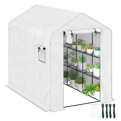 Outsunny Gartengewächshaus 3 m² mit Regalen 3 Ebenen, Outdoor-Gewächshaus aus UV-beständigem, verstärktem PE 135 g/m² mit Rolltür und Netzfenstern, 143 x 215 x 190 cm, weiß