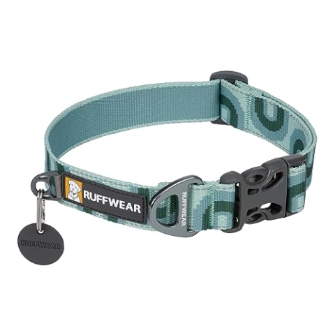 RUFFWEAR Crag Dog Collar, Large Dog Collar with Aluminium V-Ring, Adjustable Length Pet Dog Collar, Comfortable Soft Collar, Premium Animal Collar with Dog Lead Attachment Ring, 51-66cm, Grassy Oxbow