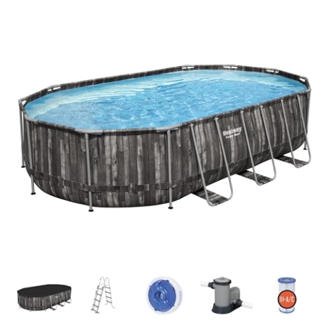 Bestway Power Steel Frame Pool Komplett-Set mit Filterpumpe 610 x 366 x 122 cm , Holz-Optik (Mooreiche), oval