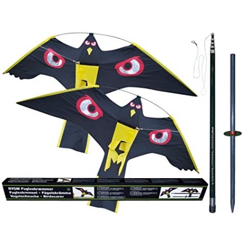 2 x Vogelscheuche Vogelschreck Raubvogel-Drache Habicht mit 1 x hochwertigem 10 Meter Glasfaser-Teleskopstab, Spannweite 1,40 m