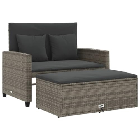 vidaXL Gartensofa mit Kissen 2-Sitzer, Outdoor Sofa mit Hocker mit Staufach, Couch mit abnehmbarm Bezug, Gartebmöbel Gartengarnitur, Grau Poly Rattan