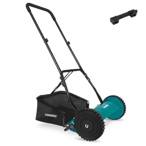 VONROC Handrasenmäher - Rasenmäher manuell 40cm breit - Spindelmäher mit 4 Höheneinstellungen (15-25-31-35mm) - Rasenmäher für kleine Flächen - Inkl. Wandhalterung & Grasfangkorb