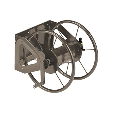 Relaxdays Schlauchtrommel, Stahl, 60 m Schlauch, Klickkupplungen, Wandschlauchhalter, Bodenmontage, 42x53x46 cm, braun