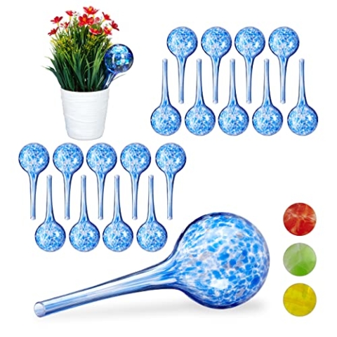 Relaxdays 20 x Bewässerungskugel im Set, dosierte Bewässerung Pflanzen u. Blumen, Gießhilfe Büro, Urlaub, Ø 6 cm, Glas, blau