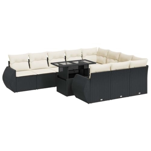 vidaXL 11-TLG. Garten-Sofagarnitur mit Kissen Schwarz Poly Rattan, Outdoor Sofagarnitur, Gartensofa Set, Lounge Set, Sofagarnitur Terrasse