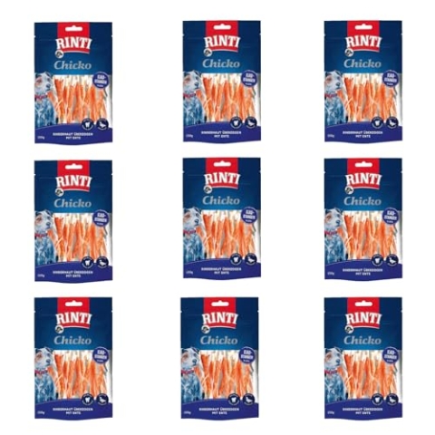 Rinti Chicko Kaustangen klein | 9er Pack | 9 x 150 g | Aus bissfester Rinderhaut mit Entenfleisch überzogen | Putzkörperchen auf Mineralstoffbasis | Wiederverschließbar