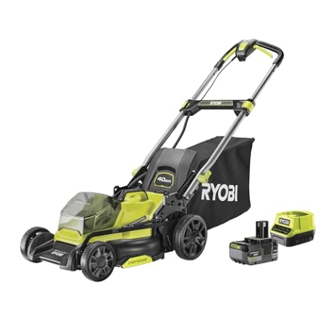 RYOBI 18 V ONE+ Brushless Akku-Rasenmäher RY18LMX40C-150 (Schnittbreite 40 cm, 7-fache Höhenverstellung 25-75 mm, Flächen bis 600m², Variables Griffgestänge inkl. Mulchkeil, 1x5,0Ah Akku & Ladegerät)