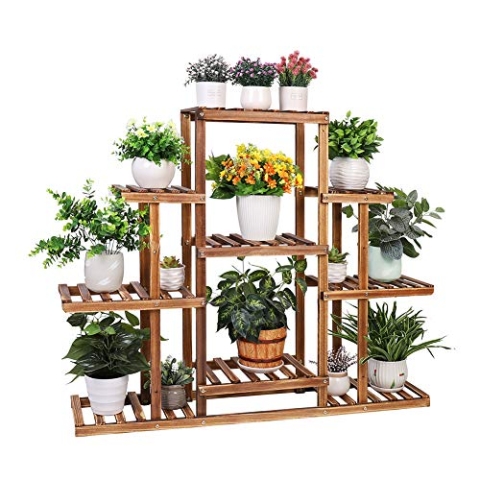 Medla Pflanzenregal Holz, Blumenständer mit 9 Ablagen, Blumenregal mehrstöckig, für Indoor Balkon Wohzimmer Outdoor Dekor, 115x25x96.5cm