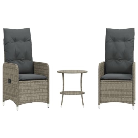vidaXL Gartensessel mit Tisch 2 STK., Gartenstuhl Verstellbare Rückenlehne, Loungesessel für Garten Terrasse, Relaxsessel, Grau Poly Rattan