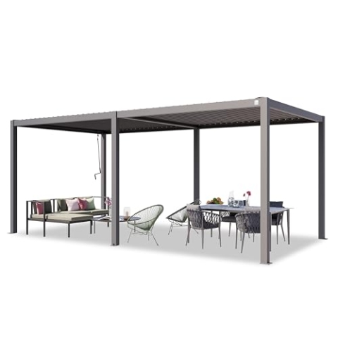TOOLPORT PRIMEYARD Pergola 3x6 m Aluminium-Pfosten mit Lamellendach aus Stahl graue Terrassenüberdachung