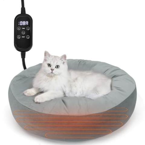 Nobleza - Katzenbett Einstellbare Temperatur, Donut Wärmematte mit Anti-Bite-Schlauchwickel Kabel, Waschbar, 50 cm Durchmesser, Grau