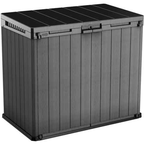 Keter Store-It-Out Darwin Aufbewahrungsschrank 1150L - Wetterbeständige Mülltonnenbox mit Holzoptik - Gartenbox abschließbar - für 2X 240L Tonnen - 141x82x118cm Grau