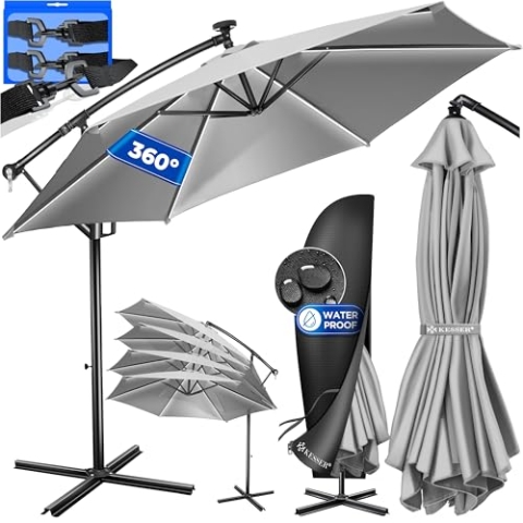 KESSER® Alu Ampelschirm LED Solar Ø300cm Inkl. Abdeckung Fernbedienung Kurbelvorrichtung Kurbelschirm mit Ständer 360° Funktion UV-Schutz Aluminium Wasserabweisend Garten-Schirm Marktschirm Hellgrau