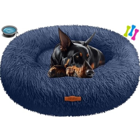Lovpet® Hundebett Hundekissen Katzenbett Bagel, Waschbar, Inkl. Napf + 3X Kauknochen, Hundesofa flauschig Kissen Rund aus Plüsch für Kleine, Mittelgroße & Große Hunde, Katzen [4XL, Ø 120cm Navyblau]