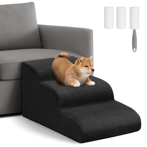 Mozvvco Hundetreppe für Kleine Hunde, 3 Stufen Haustiertreppe für Bett und Sofa aus Hochdichtem Schwamm, Hunde Treppen mit Abnehmbarer Bezug, Waschbar Haustierleiter, Senden Fusselrolle, Schwarz