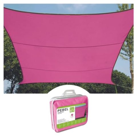 Perel Sonnensegel, Segel Sonnenschutz für Terrasse und Pool, wasserabweisend, UV-Schutz, 4 Edelstahl-O-Ringe, 4 x 3 m, 160 g/m², Polyester, rechteckig, Fuchsia