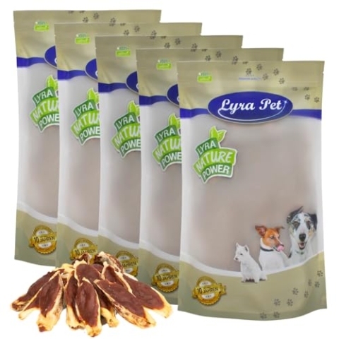 Lyra Pet® 5 kg Kaninchenohren gefüllt mit Ente | Geschmackvoller Kausnack | Leckerli auch für Welpen und ältere Hunde | Weicher Kaugenuss | Fettarmes Hundefutter | Wiederverschließbar