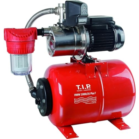 T.I.P. Hauswasserwerk Edelstahl mit Vorfilter (3.300l/h Fördermenge, 46m Förderhöhe, 4,6bar Druck, 800W, Installationsfertige Druckschaltung, 22l Stahl-Druckkessel, Manometer)HWW 1000/25 Plus F, 31144