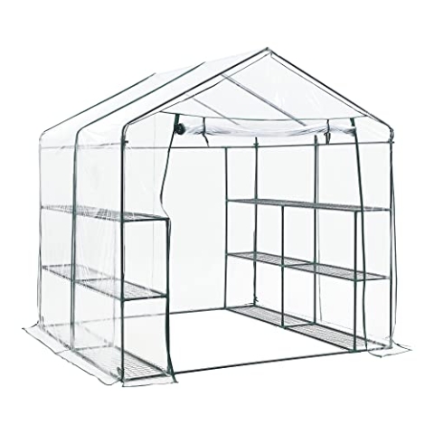 Gewächshaus Grünau mit Ablagen 200 x 200 x 220 cm Foliengewächshaus Pflanzhaus Treibhaus Stahlrahmen Transparent