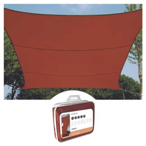 Perel Sonnensegel, Segel Sonnenschutz für Terrasse und Pool, wasserabweisend, UV-Schutz, 4 Edelstahl-O-Ringe, 3.6 x 3.6 m, 160 g/m², Polyester, quadratisch, Terracotta