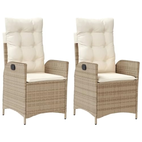 vidaXL Gartensessel mit Kissen 2 STK., Gartenstuhl mit Verstellbarer Rückenlehne, Liegestuhl mit Stahlrahmen, Sessel Stuhl Relaxsessel, Beige Poly Rattan