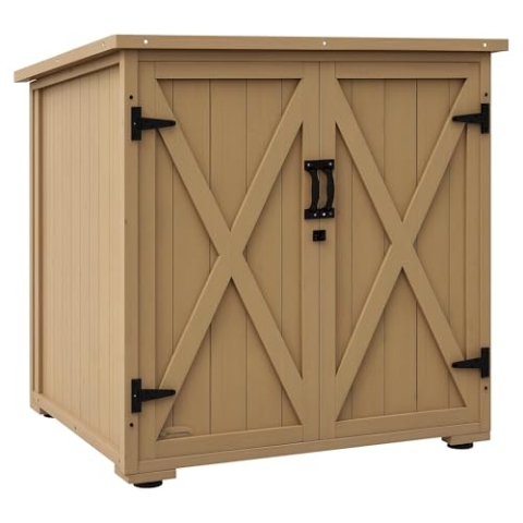 Outsunny Gartenschrank Holz, Geräteschrank, Outdoor wetterfest Geräteschuppen, Holzschrank mit Doppeltür, Mehrzweckschrank für Garten, Balkon, Natur