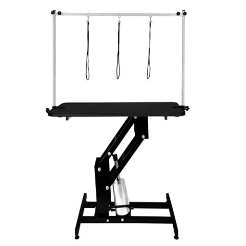 Hydraulischer Hundepflegetisch Höhenverstellbar Profi Trimmtisch | für Tiere bis zu 180kg | 106 x 61cm Gummioberfläche, 4 anpassbare Stallfüße & 3 Schlaufenleinen [Schwarzer Rahmen & Schwarzer Tisch]