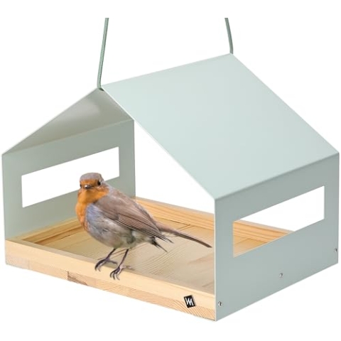 WONDERMAKE® Großes Design Vogelhaus aus Metall und Holz wetterfest zum Aufhängen, modernes Vogelfutterhaus XL Metalldach hängend, Vogelhäuschen Futterhaus für Vögel, Edelstahl Kiefer, türkis-grau mint