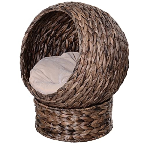 PawHut Rattan Katzenkorb Katzenhöhle Katzenhütte Katzenbett mit Kissen Haustierbett Wasserhyazinthe Kaffee 50 x 42 x 60 cm